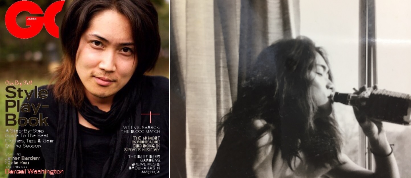 ▲左：A&R時代に場あたりで撮影した写真が週刊誌の表紙に！？（FAKEです）右：ジャック・ダニエルを飲んで、更にロン毛でいればカッコイイ！と勘違いしていた時代（ハロウィン・パーティーで女装賞を獲得済み＠Columbus Ohio）